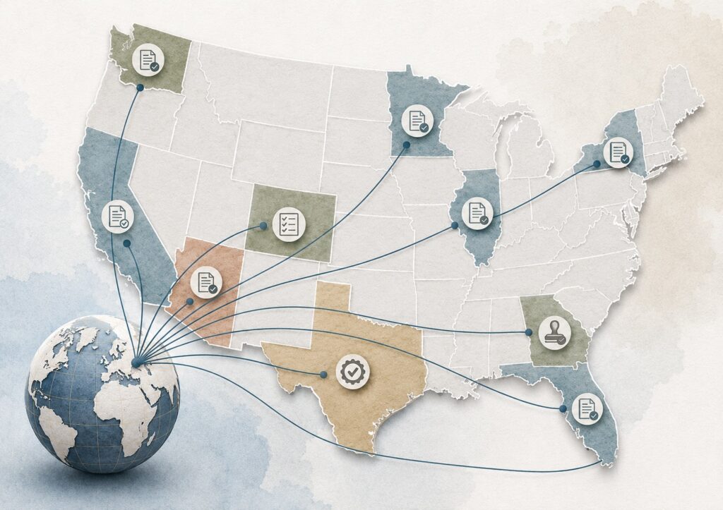 Stylized map of the United States showing lines from a globe to several states, each marked with icons representing documents and a user profile, highlighting the State Registration process.