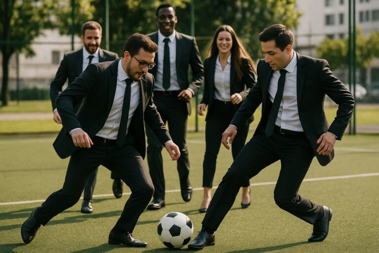 Five people in business suits play soccer on an outdoor field, with two in the foreground competing for the ball and three others watching and smiling in the background.