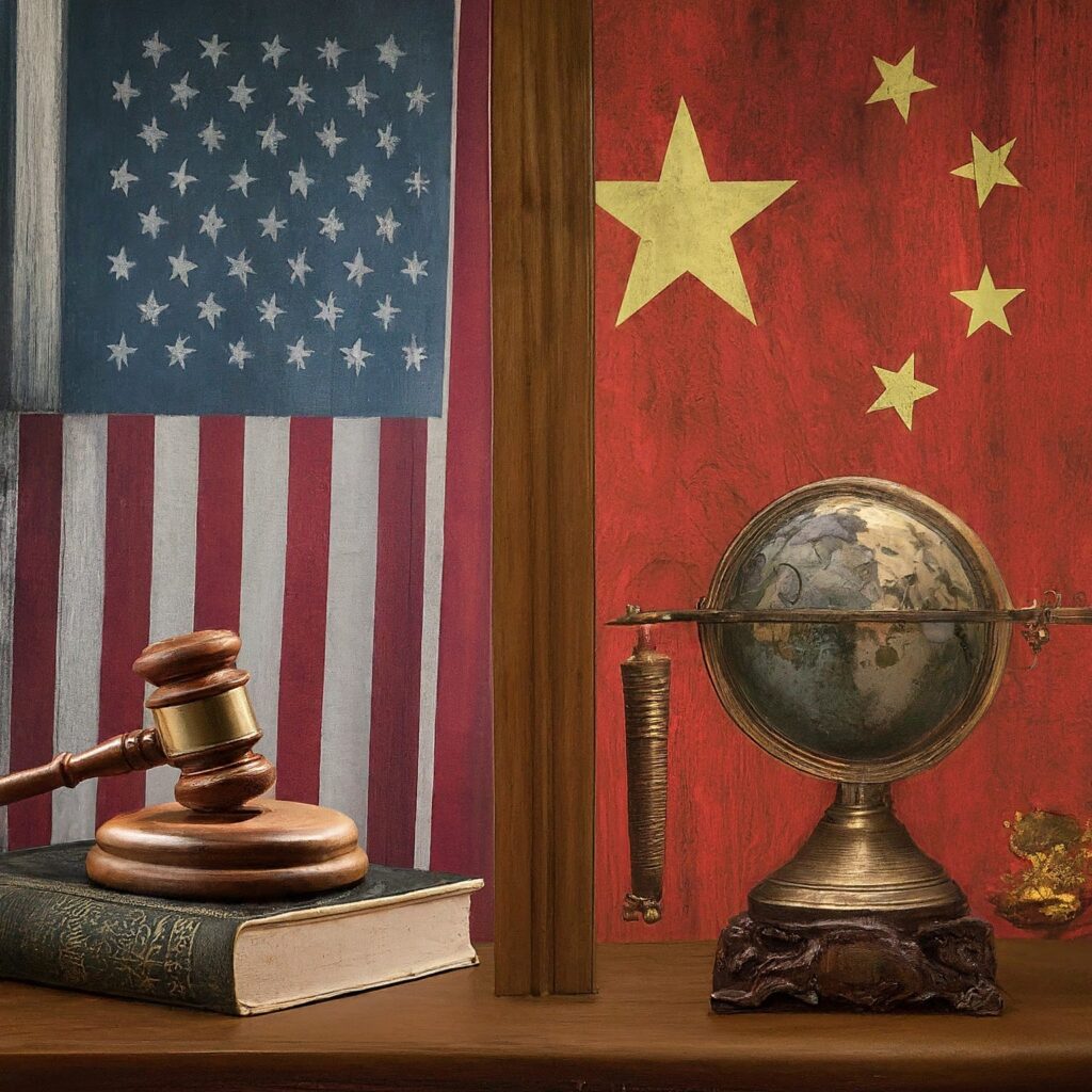 An American flag with a judge's gavel on a book next to a Chinese flag with a globe and balance scale.