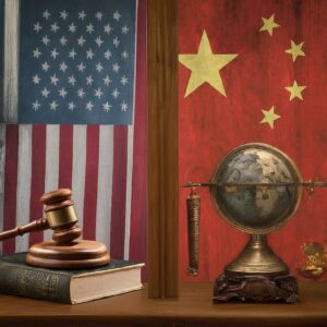 An American flag with a judge's gavel on a book next to a Chinese flag with a globe and balance scale.