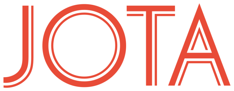 Bold red text spells "JOTA" in a geometric, outlined font on a light background.