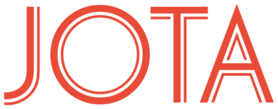 El texto en rojo y negrita forma la palabra «JOTA» con una tipografía geométrica y contorneada sobre un fondo claro.