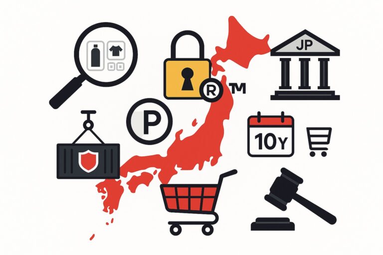 Icons representing intellectual property concepts such as trademarks, copyright, and legal symbols are arranged over a red map of Japan.