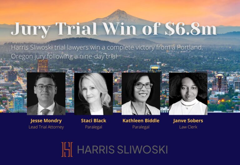 Harris Sliwoski law firm announces a $6.8m jury trial win. The image proudly features Jesse Mondry, Staci Black, Kathleen Biddle, and Javne Sobers.