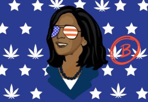 Ilustración de una persona sonriendo, llevando gafas de sol con el motivo de la bandera americana, delante de un fondo con estrellas blancas y hojas de cannabis. La letra &quot;B&quot; en un círculo rojo aparece a la derecha. Esta vibrante escena hace un sutil guiño a la postura progresista de Kamala Harris.