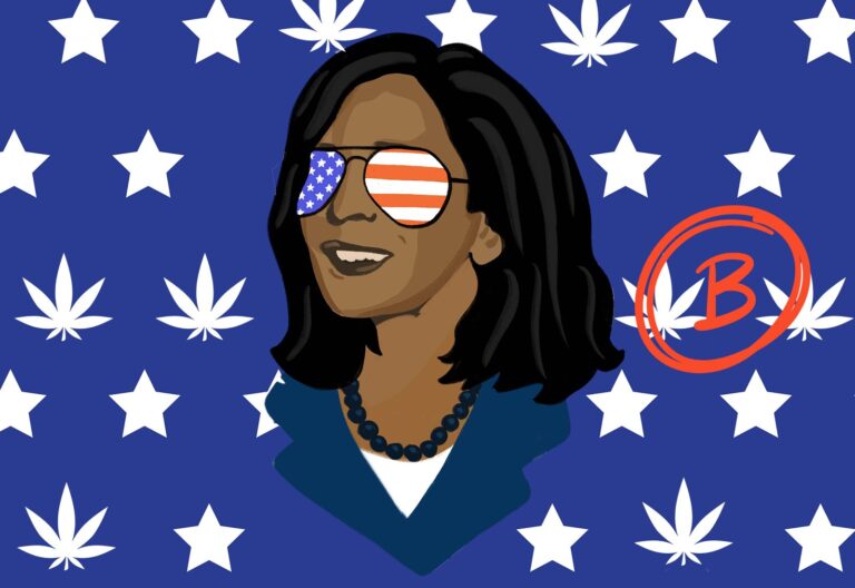 Illustration of a person smiling, wearing sunglasses with the American flag pattern, in front of a background with white stars and cannabis leaves. The letter "B" in a red circle is on the right. This vibrant scene subtly nods to Kamala Harris's progressive stance.