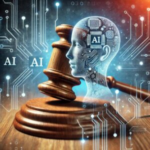 A digital illustration of a gavel and a human head with circuit patterns labeled "AI," symbolizing the intersection of artificial intelligence and law, poses intriguing ai questions and answers about this evolving relationship.