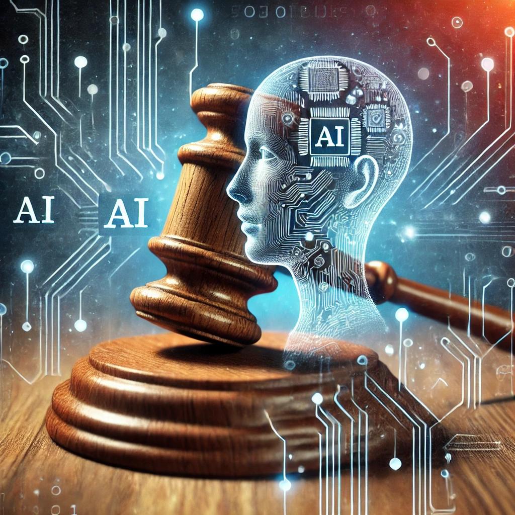 A digital illustration of a gavel and a human head with circuit patterns labeled "AI," symbolizing the intersection of artificial intelligence and law, poses intriguing ai questions and answers about this evolving relationship.