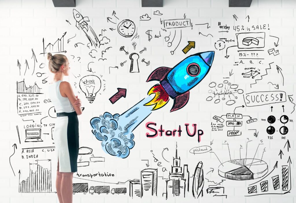 A woman observes a wall filled with creative and analytical graffiti symbolizing startup business concepts and growth.