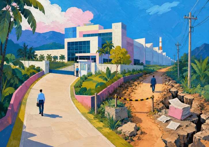 Two men walk separate paths toward a modern factory; one path is smooth and paved, the other is rough, cracked, and blocked by caution tape and fallen road signs.