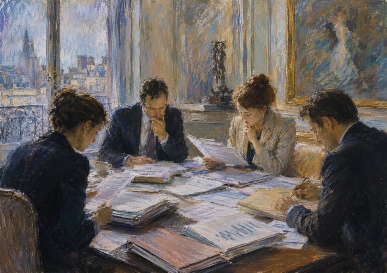 Four people sit around a table covered with documents, reading and reviewing papers as they conduct M&A Due Diligence in a well-lit office with large windows and artwork on the walls.