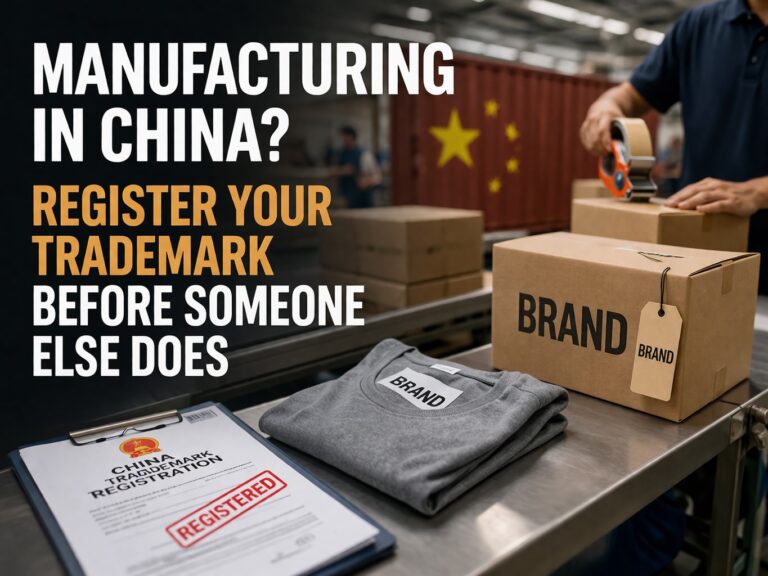 A person seals a box labeled "Brand" on a conveyor with packages and a shirt; a document titled "China Trademark Registration" is shown. Text warns to register trademarks in China.