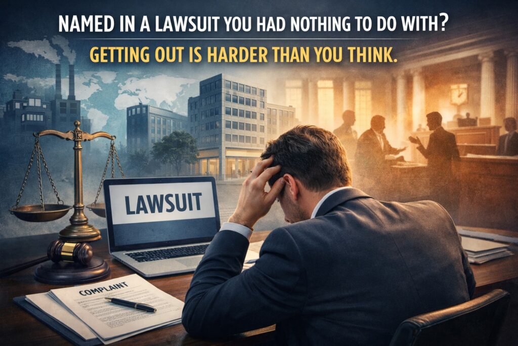 A man sits at a desk with legal documents labeled "Lawsuit" and "Complaint," holding his head in frustration, as courtroom imagery and paperwork on Motions to Dismiss surround him in the background.