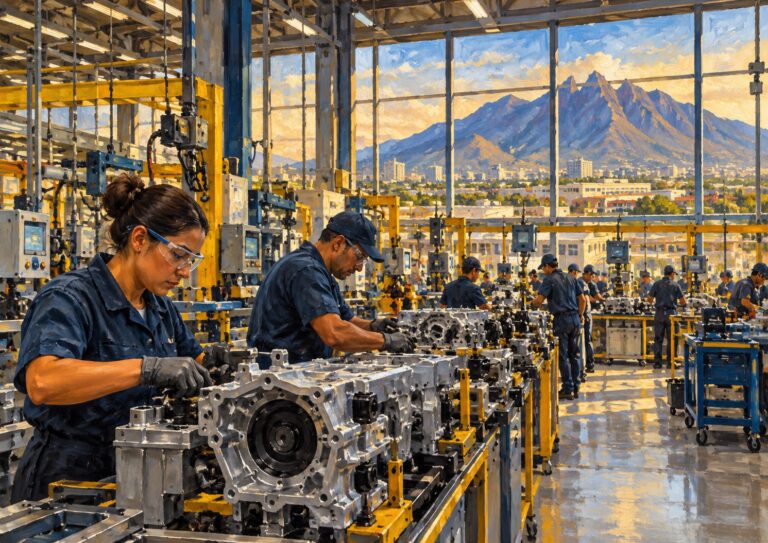 Factory workers assemble mechanical parts on a production line in front of large windows overlooking a city and mountains.
