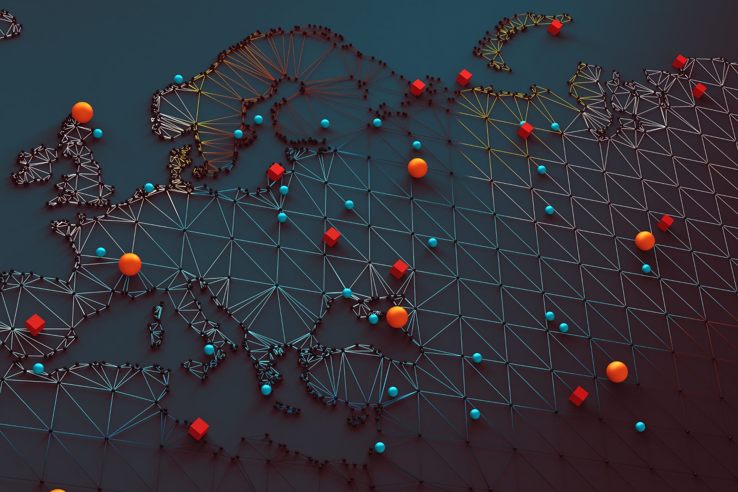 Abstract 3D rendering of a geographical map with interconnected nodes and lines, featuring blue and orange spheres and red cubes over a dark background, representing a network system.