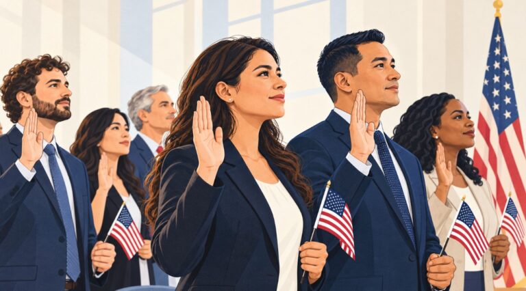 A diverse group of people taking an oath, each holding a small American flag.