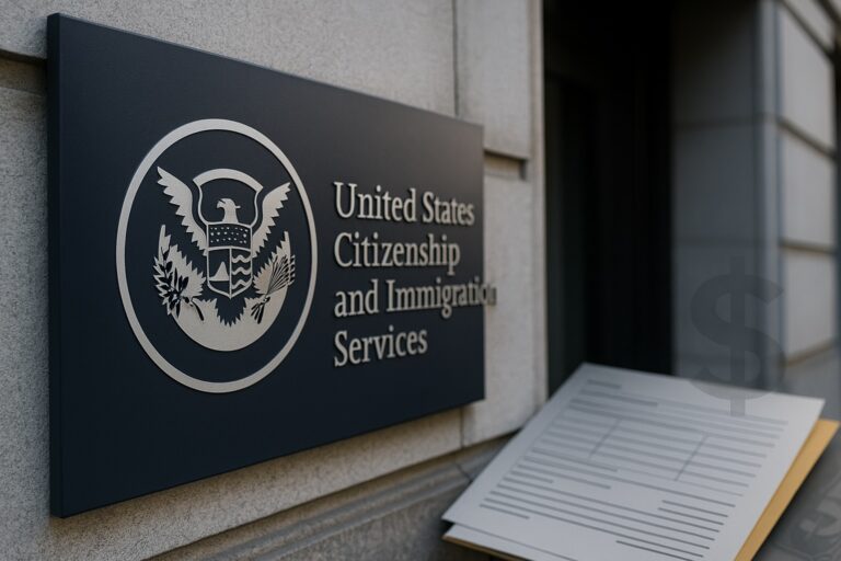 A sign for United States Citizenship and Immigration Services is mounted on a building wall next to a clipboard with documents.