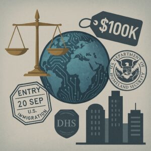 Illustration featuring the scales of justice, a globe, a $100k price tag, U.S. immigration and Homeland Security badges, and silhouettes of buildings.