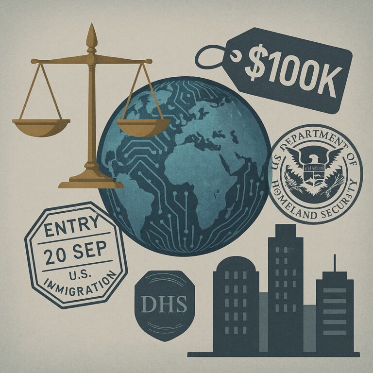 Illustration featuring the scales of justice, a globe, a $100k price tag, U.S. immigration and Homeland Security badges, and silhouettes of buildings.