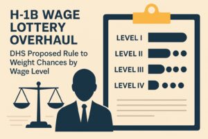 Infographic showing H-1B wage lottery overhaul, with a scale, a person in a suit, and a clipboard listing four wage levels with weighted chances.