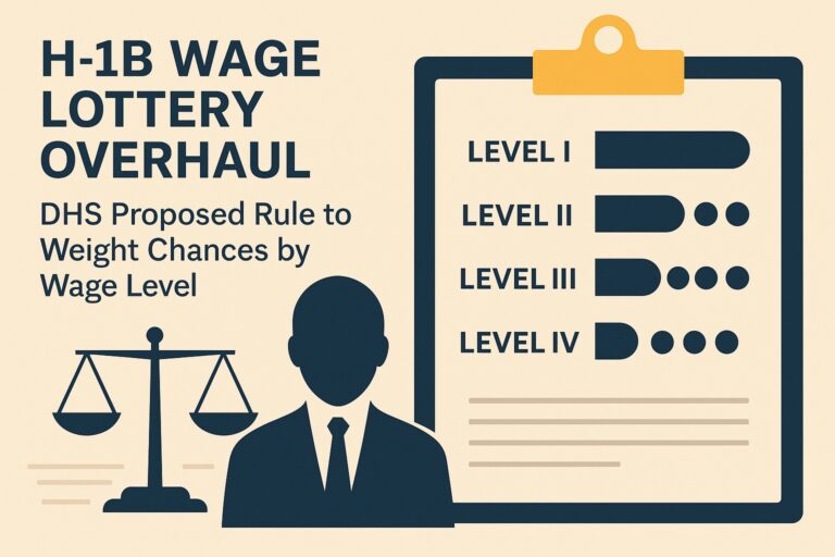 Infographic showing H-1B wage lottery overhaul, with a scale, a person in a suit, and a clipboard listing four wage levels with weighted chances.