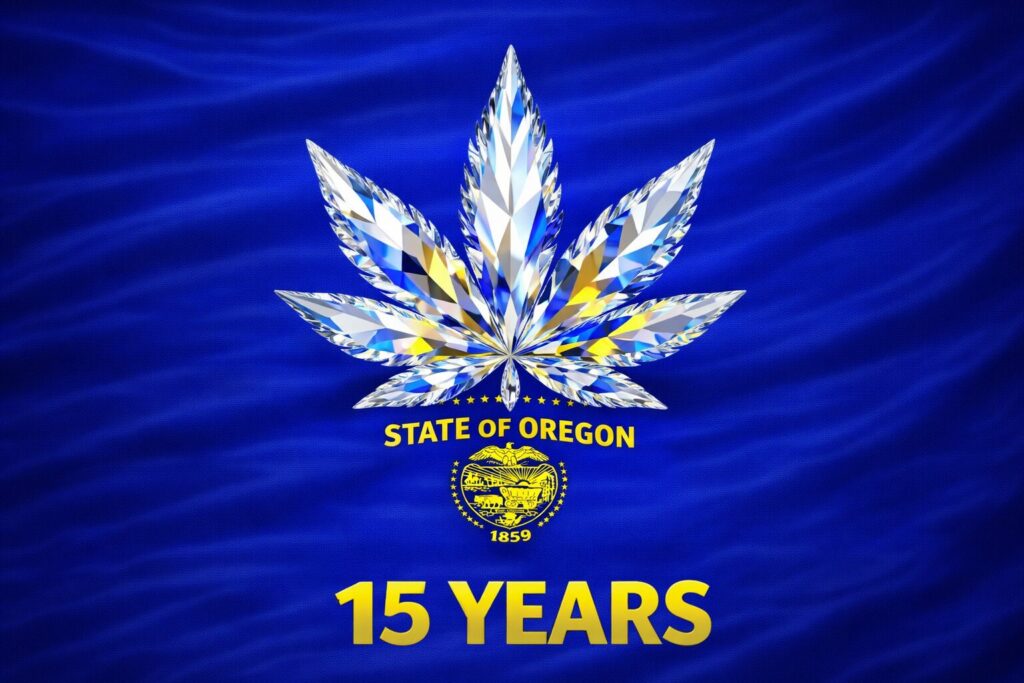 A diamond-patterned cannabis leaf, symbolizing Oregon cannabis, sits above the state seal and "15 YEARS" in yellow on a blue background with "STATE OF OREGON" text.