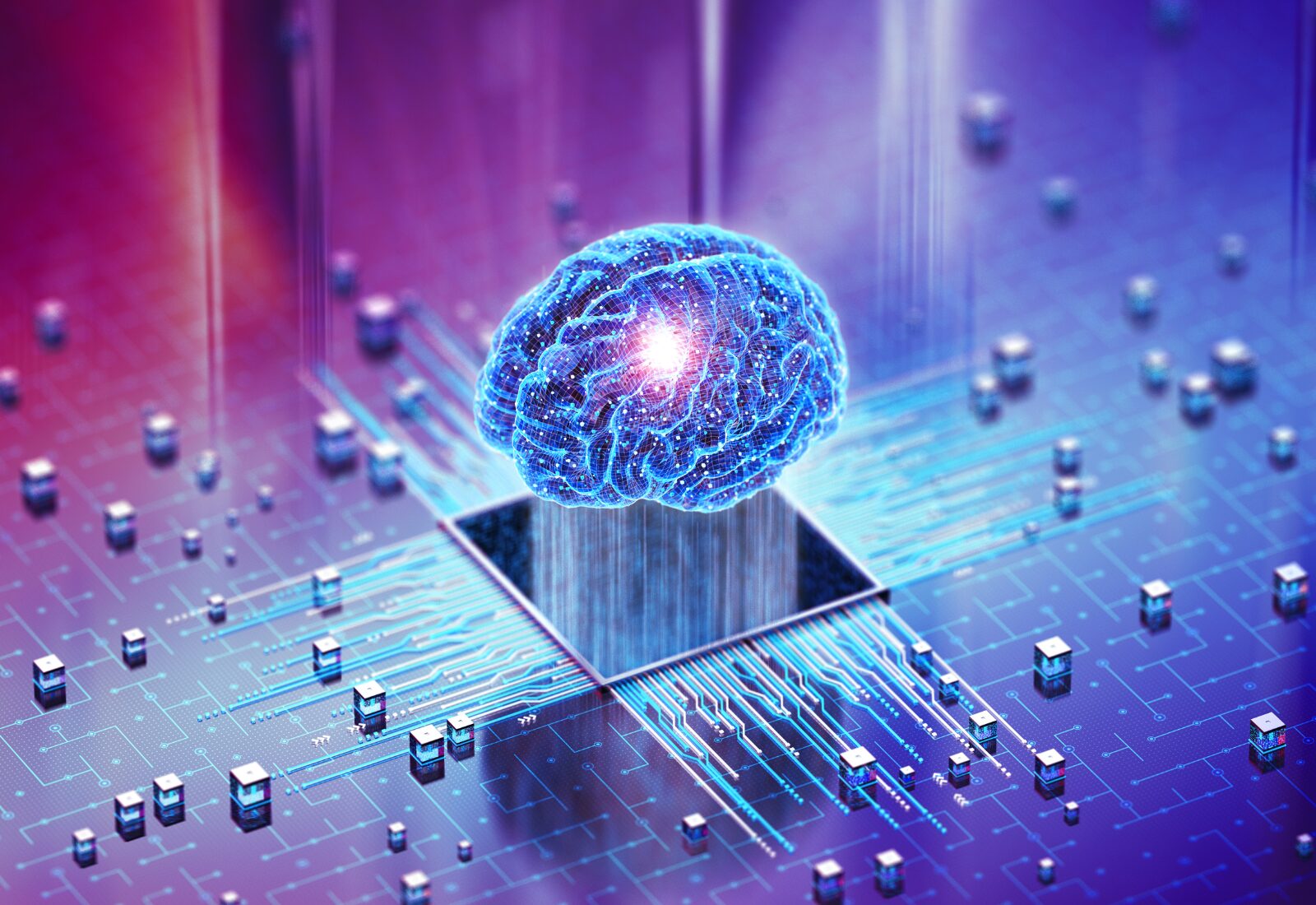 A digital brain emerges from a microchip, symbolizing artificial intelligence on a circuit board with interconnected nodes glowing in blue and pink hues.