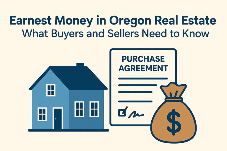 Illustration of a house, a purchase agreement, and a money bag, with text about earnest money in Oregon real estate for buyers and sellers.