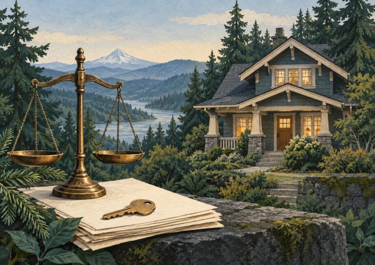 A brass scale, stack of papers, and a key sit on a stone wall in front of a house with trees, a lake, and mountains in the background.