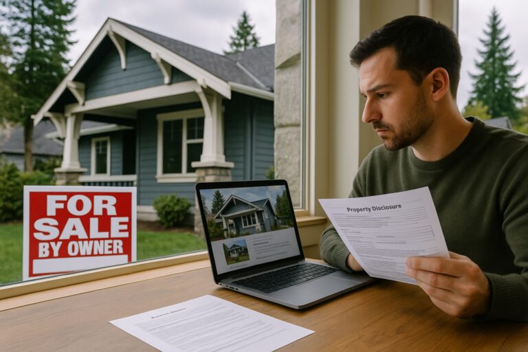 Man sits at a table with property documents and a laptop showing a house listing, next to a "For Sale By Owner" sign in front of a house.