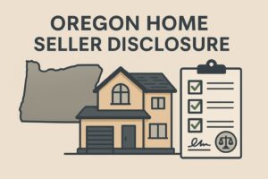 Illustration of a house, a checklist on a clipboard, and the outline of Oregon with the text "Oregon Home Seller Disclosure Requirements" above.
