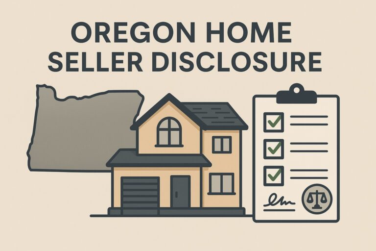 Illustration of a house, a checklist on a clipboard, and the outline of Oregon with the text "Oregon Home Seller Disclosure Requirements" above.