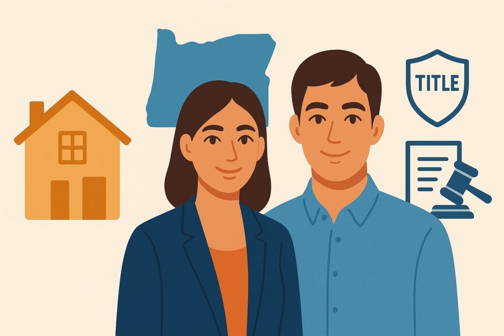 Illustration of a man and woman standing together, with a house, a map outline, a title shield, and legal documents with a gavel in the background.