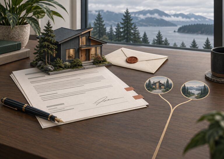 A signed real estate contract, model house, and pen sit on a desk overlooking a lake and mountains, with an envelope and house photos nearby.