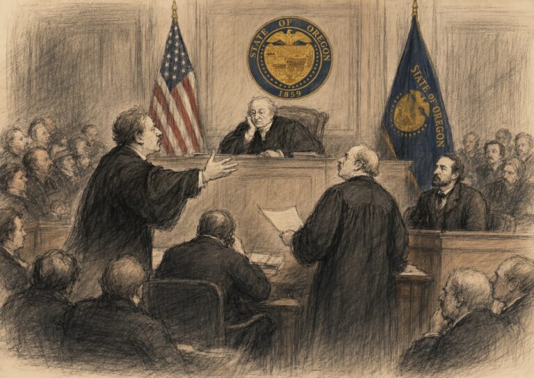 Courtroom scene sketch depicting Oregon State Court litigation, with lawyers presenting arguments to a judge seated under the State of Oregon seal, while the audience and flags appear in the background.