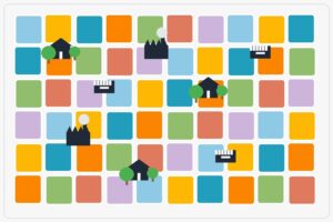 A grid of colorful squares with various black icons, including trees, houses, castles, and pianos, scattered across different squares.