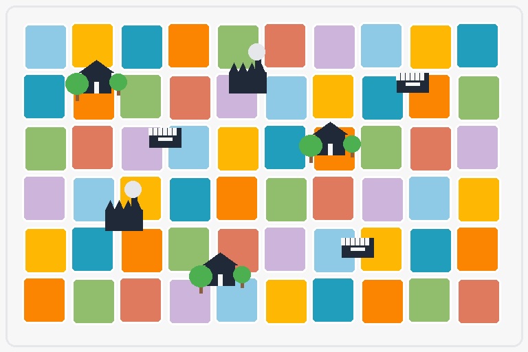 A grid of colorful squares with various black icons, including trees, houses, castles, and pianos, scattered across different squares.