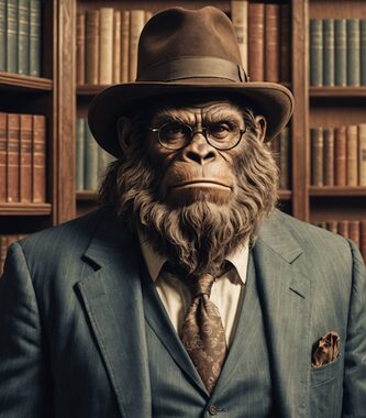 An anthropomorphic gorilla wearing a suit, tie, and hat stands in front of bookshelves, looking directly at the camera.