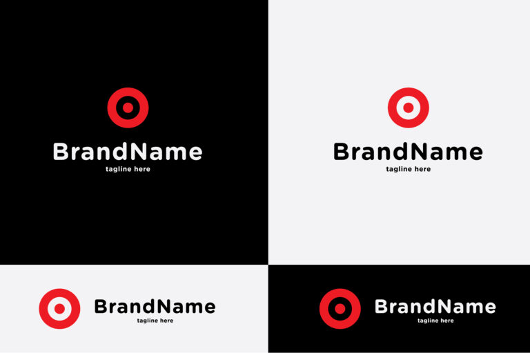 Una imagen de diseño de logotipo con cuatro variaciones. Cada una de ellas presenta un icono de diana rojo y blanco con el texto &quot;BrandName&quot; debajo, acompañado de &quot;tagline here&quot; debajo del nombre de la marca sobre diferentes colores de fondo, ofreciendo una ingeniosa parodia de una conocida marca comercial.