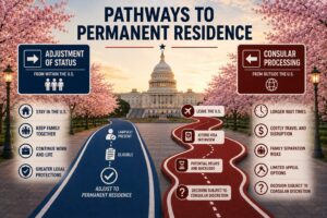 Infographic showing two pathways to permanent residence: Adjustment of Status (from within the U.S.) and Consular Processing (from outside), with pros and cons for each listed. U.S. Capitol in background.