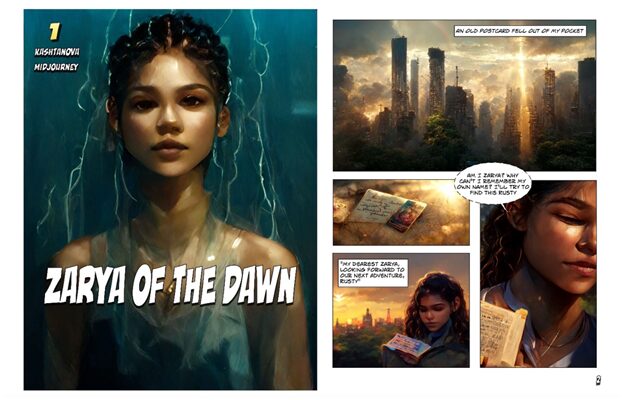 A comic book titled "Zarya of the Dawn" featuring a girl with braided hair on the cover and pages depicting a post-apocalyptic cityscape, dialogue about a postcard, and the girl holding a letter.