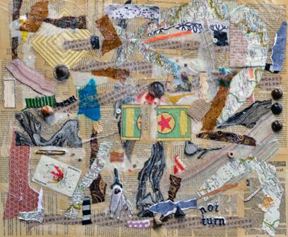 A colorful, abstract collage with various paper and fabric scraps, buttons, and thread arranged on a textured background, featuring text fragments and an illustration with a red star design.