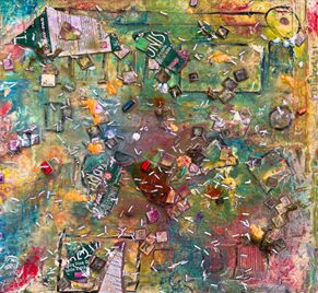 An abstract mixed-media artwork featuring torn paper fragments, various shapes, and splashes of vibrant colors on a textured background.