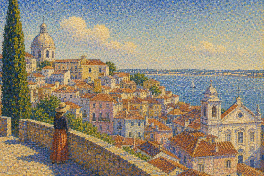 A person in a sunhat overlooks a coastal town with red-tiled roofs, a domed church, and blue sea under a bright sky. The image is painted in a pointillist style.