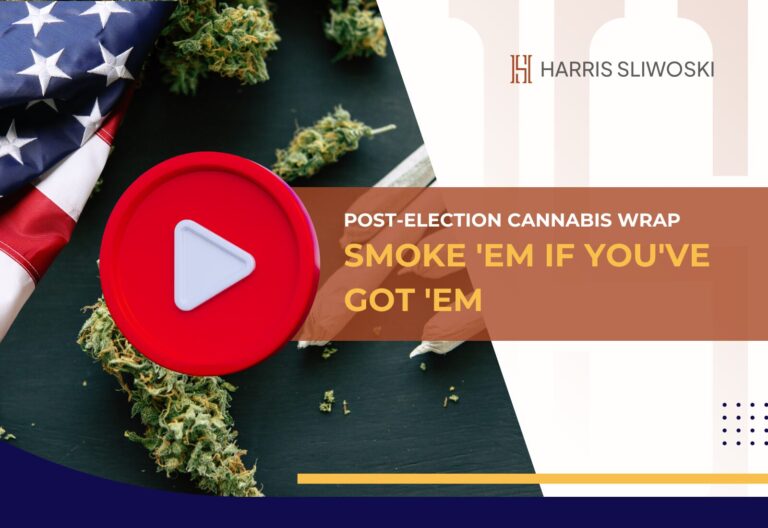 American flag, cannabis buds, and rolling papers next to a red play button icon, with text "Post-Election Cannabis Wrap: Smoke 'Em If You've Got 'Em.