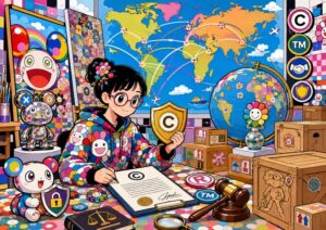 A person signs a copyright document at a colorful desk with legal symbols, toys, a globe, and world map showing global connections. Copyright and trademark icons are prominently displayed.