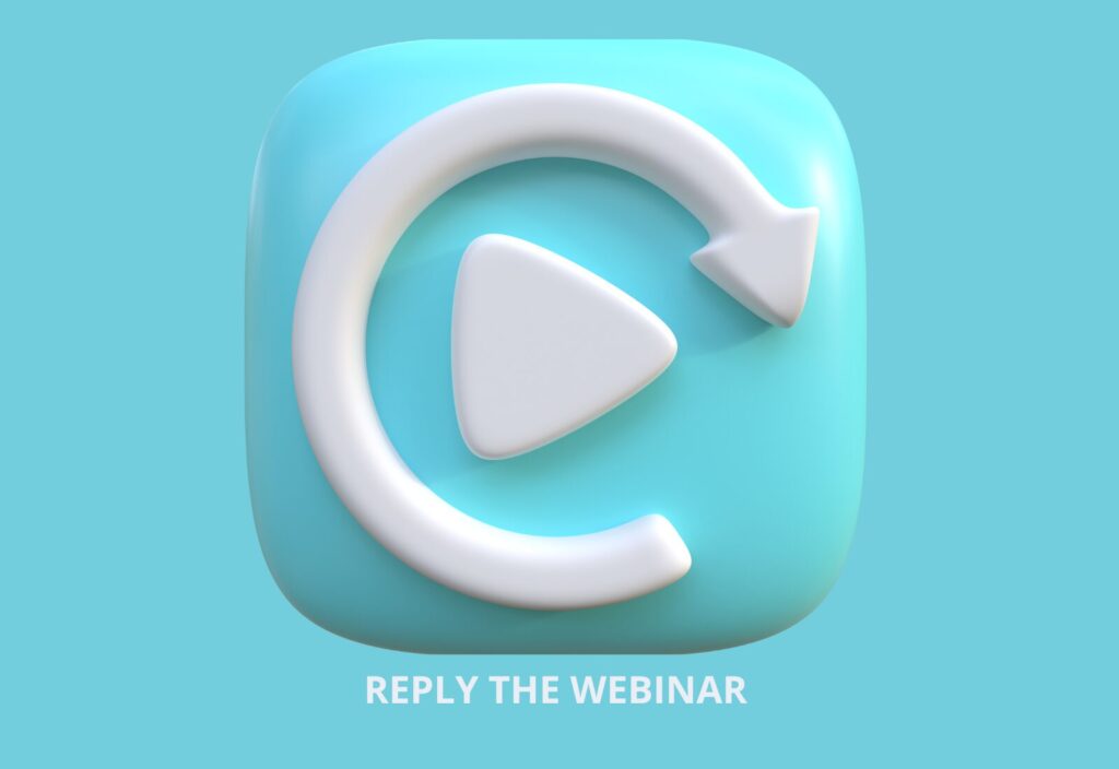 A digital button with a replay icon and the text "reply the webinar" depicted in a soft, minimalist style.