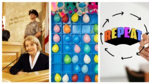 A triptych showing a courtroom scene with a judge, a wall of colorful balloons at a carnival game, and a graphical representation of the cycle concept with the word "repeat.