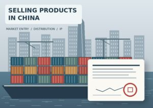 Graphic titled “Selling Products in China” featuring a cargo ship in front of a city skyline and a document with a red seal, representing the process of selling products to China.