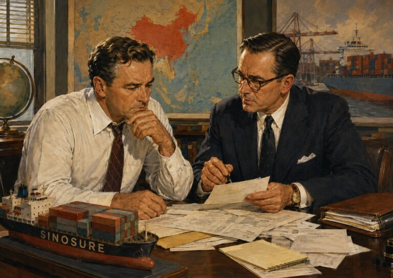Two men in business attire review documents at a desk with shipping papers, a model cargo ship, and maps of China and global trade routes in the background.